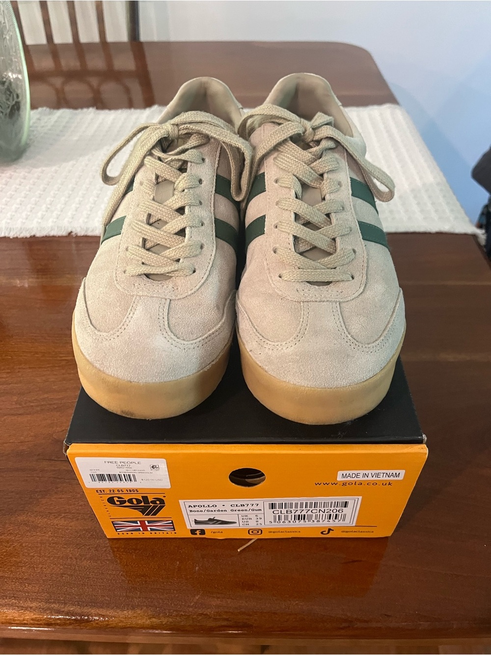 Gola Beige Suede Sneakers with Green Stripes